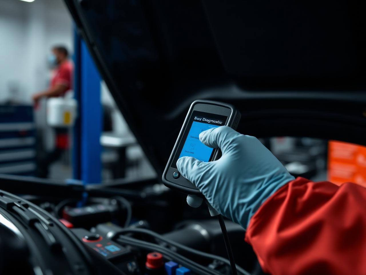 Mechanic running diagnostics on a car engine